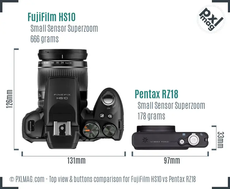 FujiFilm HS10 vs Pentax RZ18 top view buttons comparison