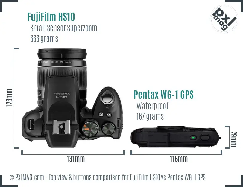 FujiFilm HS10 vs Pentax WG-1 GPS top view buttons comparison