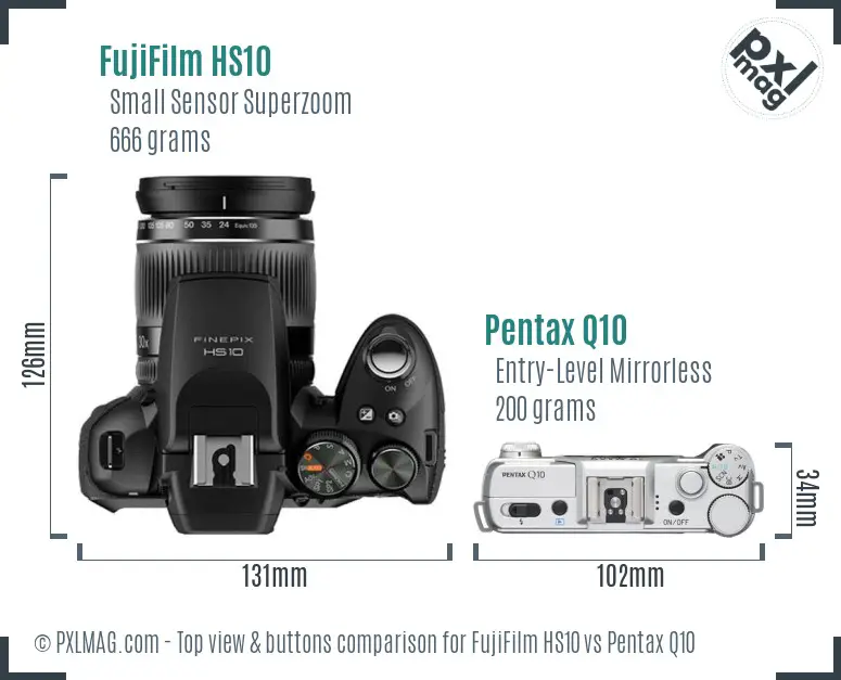 FujiFilm HS10 vs Pentax Q10 top view buttons comparison