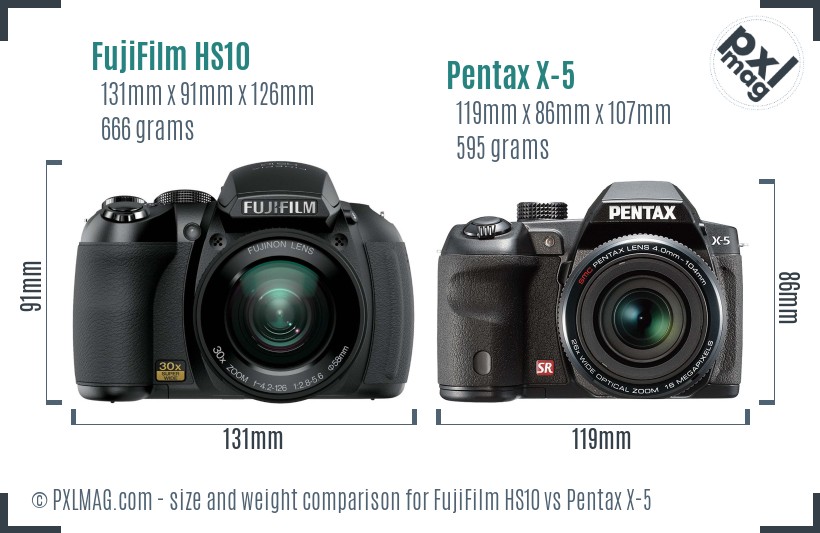 FujiFilm HS10 vs Pentax X-5 size comparison FujiFilm HS10 vs Pentax X-5 size comparison