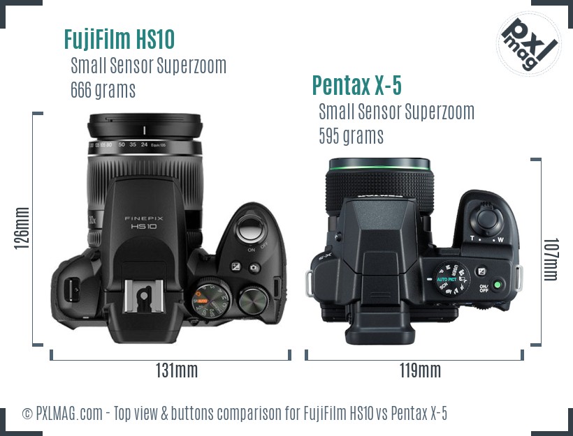 FujiFilm HS10 vs Pentax X-5 top view buttons comparison