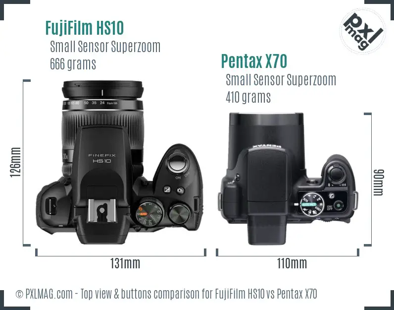 FujiFilm HS10 vs Pentax X70 top view buttons comparison