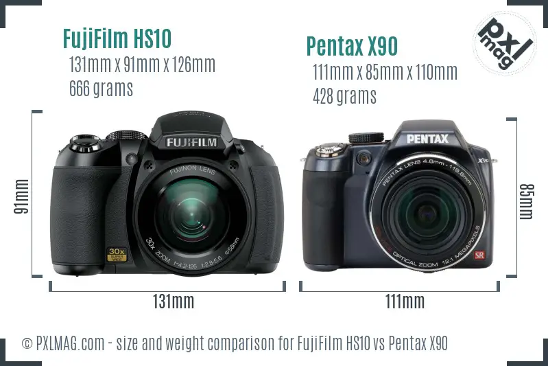 FujiFilm HS10 vs Pentax X90 size comparison