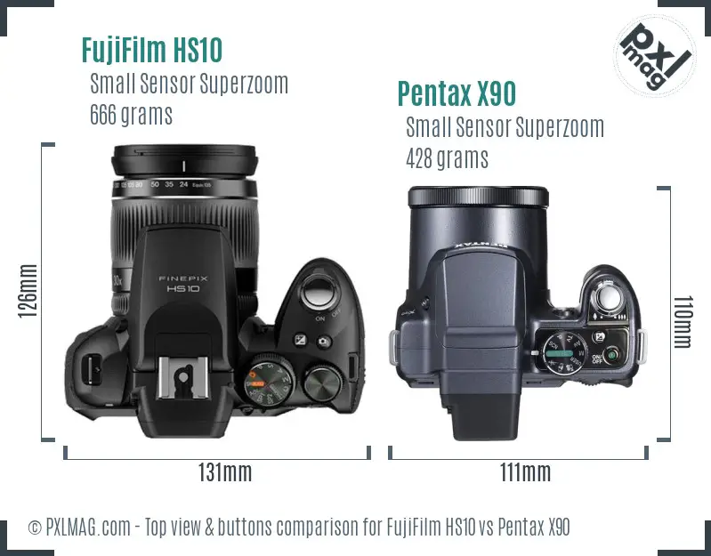 FujiFilm HS10 vs Pentax X90 top view buttons comparison