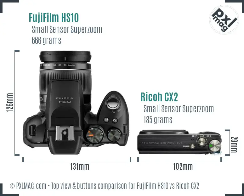 FujiFilm HS10 vs Ricoh CX2 top view buttons comparison