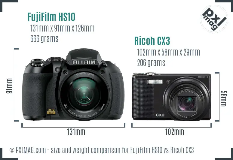 FujiFilm HS10 vs Ricoh CX3 size comparison