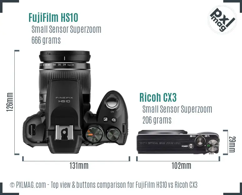 FujiFilm HS10 vs Ricoh CX3 top view buttons comparison