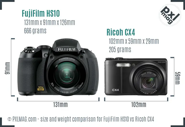 FujiFilm HS10 vs Ricoh CX4 size comparison