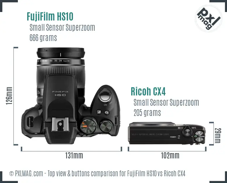 FujiFilm HS10 vs Ricoh CX4 top view buttons comparison