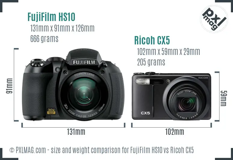 FujiFilm HS10 vs Ricoh CX5 size comparison