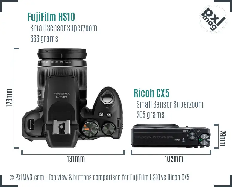 FujiFilm HS10 vs Ricoh CX5 top view buttons comparison