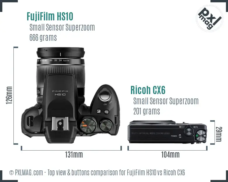 FujiFilm HS10 vs Ricoh CX6 top view buttons comparison FujiFilm HS10 vs Ricoh CX6 top view buttons comparison