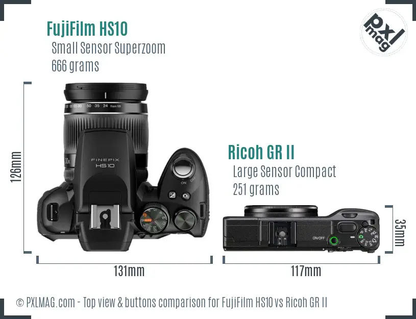 FujiFilm HS10 vs Ricoh GR II top view buttons comparison