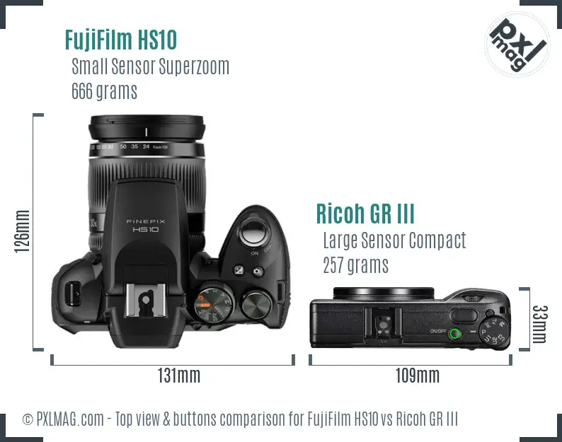 FujiFilm HS10 vs Ricoh GR III top view buttons comparison