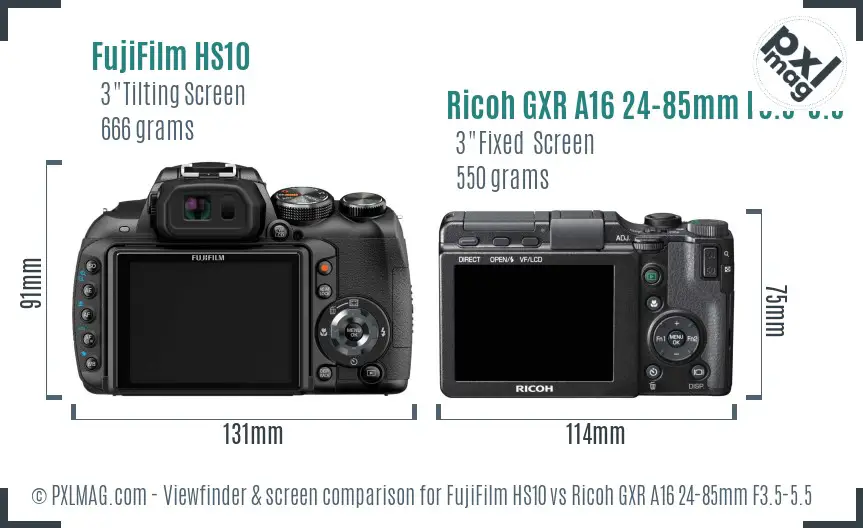 FujiFilm HS10 vs Ricoh GXR A16 24-85mm F3.5-5.5 Screen and Viewfinder comparison