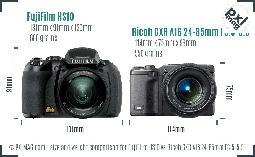FujiFilm HS10 vs Ricoh GXR A16 24-85mm F3.5-5.5 size comparison