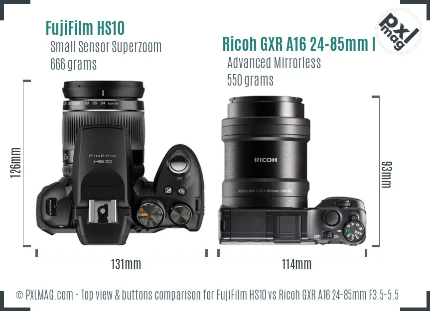 FujiFilm HS10 vs Ricoh GXR A16 24-85mm F3.5-5.5 top view buttons comparison