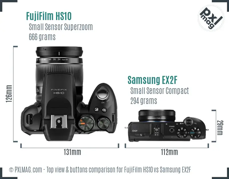 FujiFilm HS10 vs Samsung EX2F top view buttons comparison