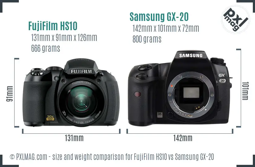 FujiFilm HS10 vs Samsung GX-20 size comparison