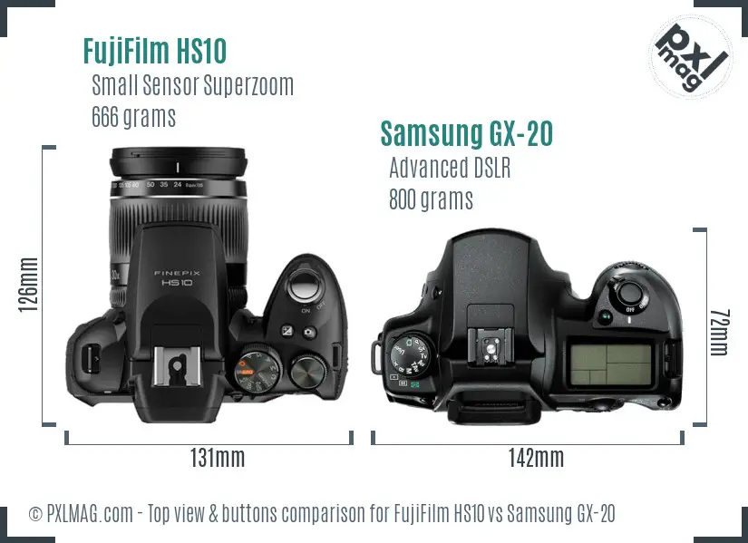 FujiFilm HS10 vs Samsung GX-20 top view buttons comparison