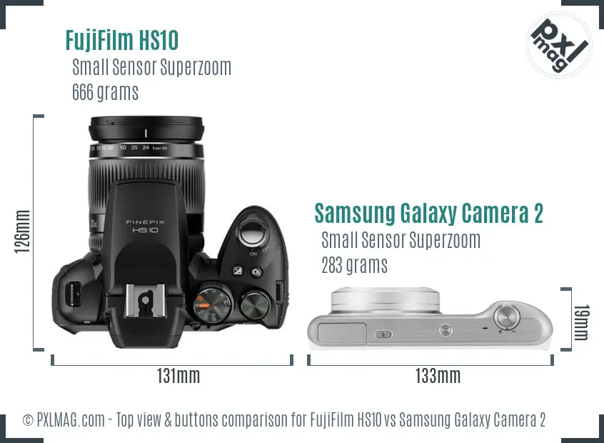 FujiFilm HS10 vs Samsung Galaxy Camera 2 top view buttons comparison