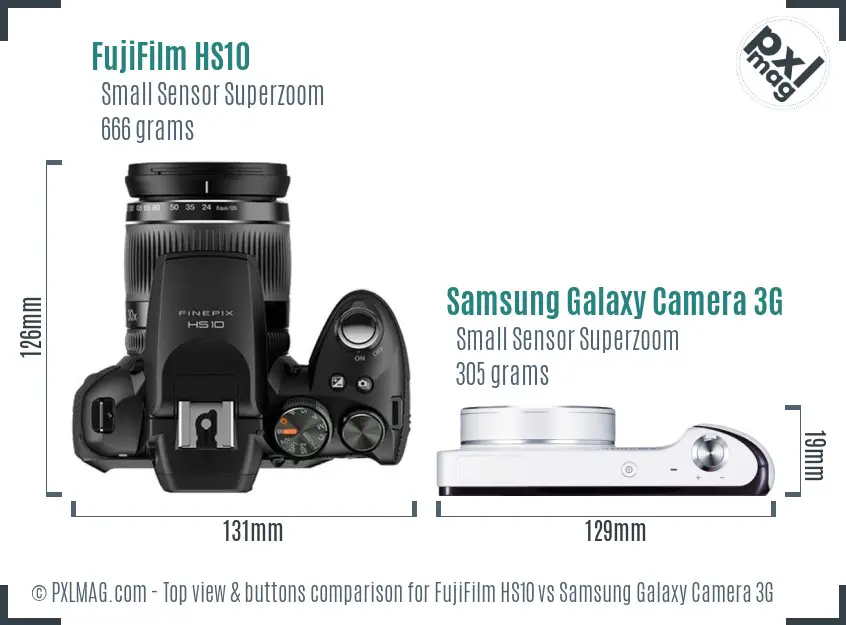 FujiFilm HS10 vs Samsung Galaxy Camera 3G top view buttons comparison