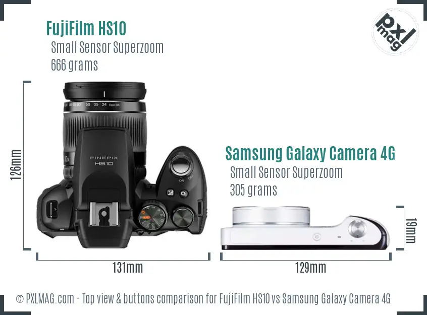 FujiFilm HS10 vs Samsung Galaxy Camera 4G top view buttons comparison