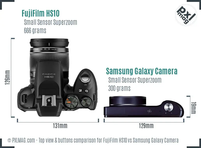 FujiFilm HS10 vs Samsung Galaxy Camera top view buttons comparison FujiFilm HS10 vs Samsung Galaxy Camera top view buttons comparison