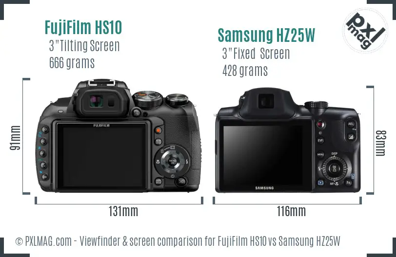 FujiFilm HS10 vs Samsung HZ25W Screen and Viewfinder comparison