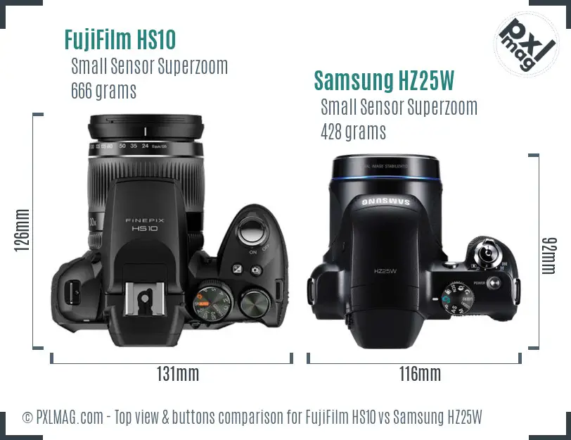 FujiFilm HS10 vs Samsung HZ25W top view buttons comparison