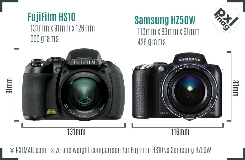 FujiFilm HS10 vs Samsung HZ50W size comparison