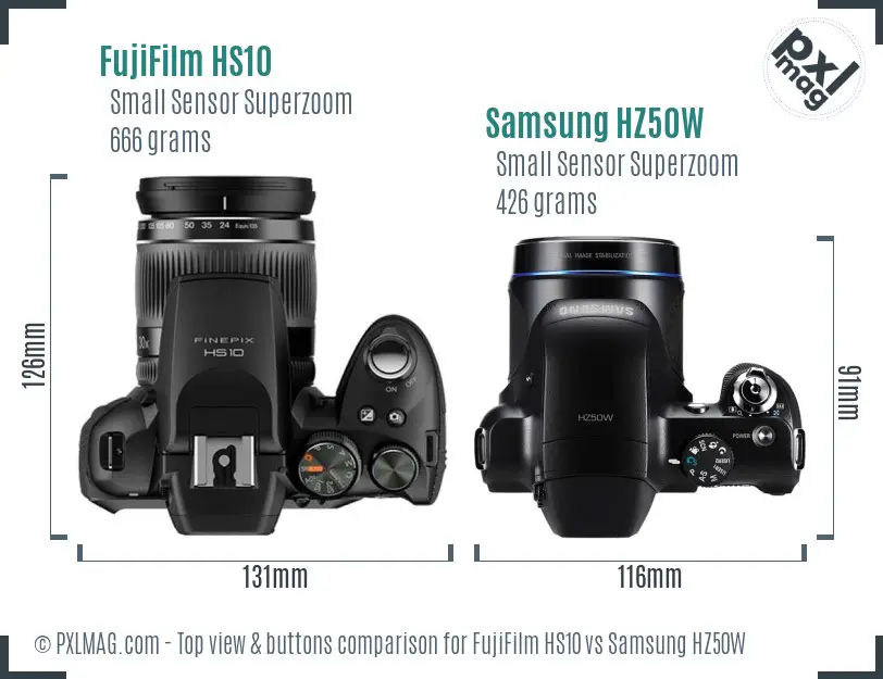 FujiFilm HS10 vs Samsung HZ50W top view buttons comparison