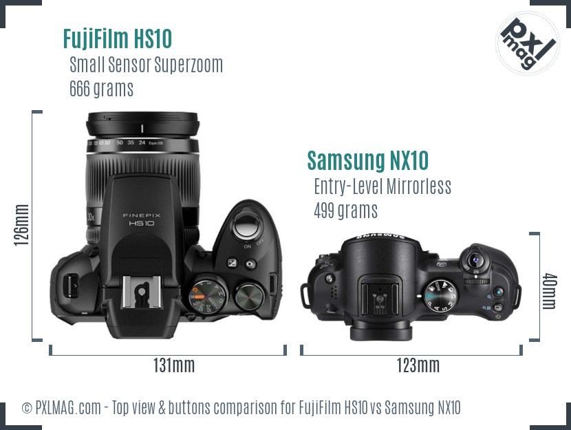 FujiFilm HS10 vs Samsung NX10 top view buttons comparison