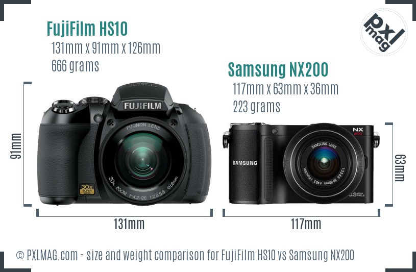 FujiFilm HS10 vs Samsung NX200 size comparison