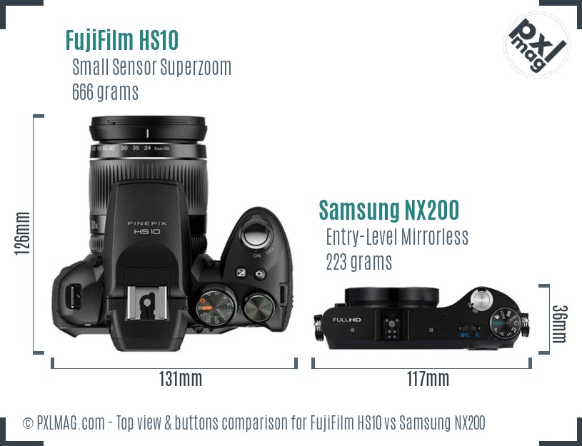FujiFilm HS10 vs Samsung NX200 top view buttons comparison