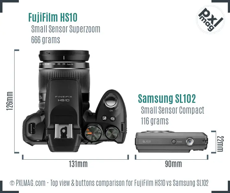 FujiFilm HS10 vs Samsung SL102 top view buttons comparison