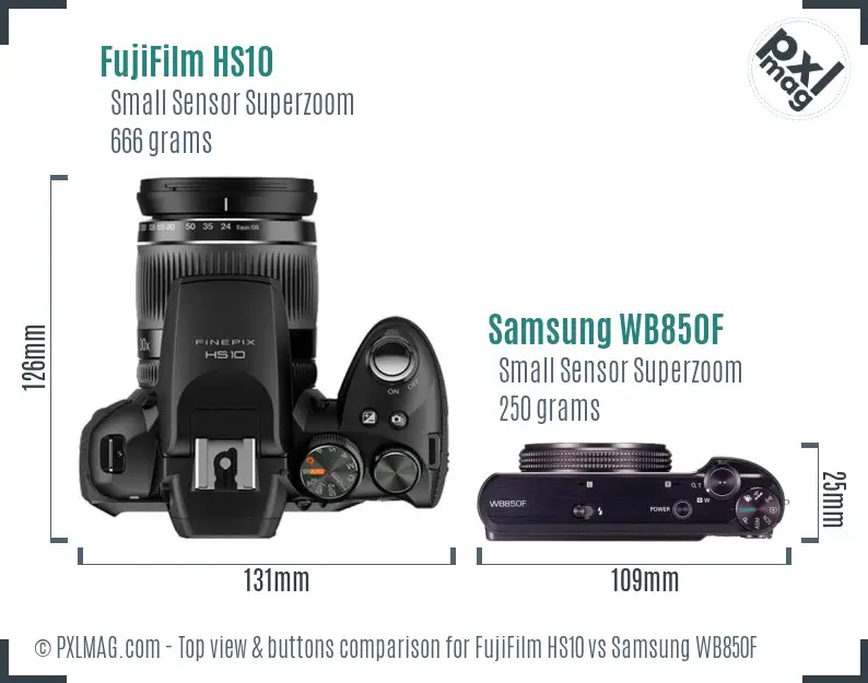 FujiFilm HS10 vs Samsung WB850F top view buttons comparison FujiFilm HS10 vs Samsung WB850F top view buttons comparison