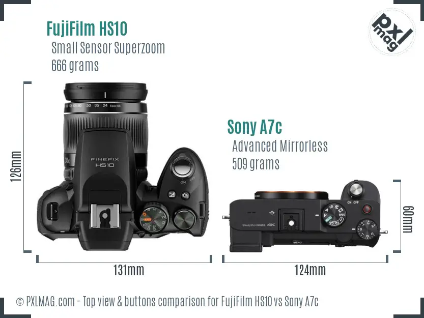 FujiFilm HS10 vs Sony A7c top view buttons comparison