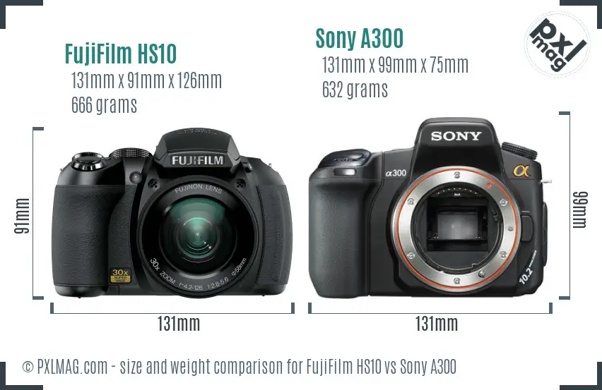 FujiFilm HS10 vs Sony A300 size comparison