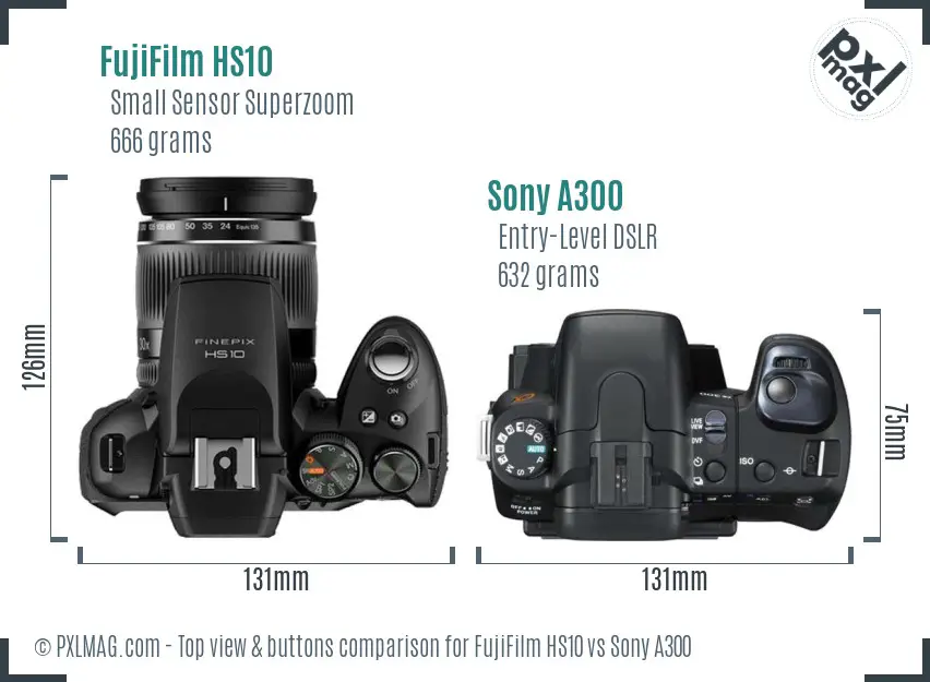 FujiFilm HS10 vs Sony A300 top view buttons comparison