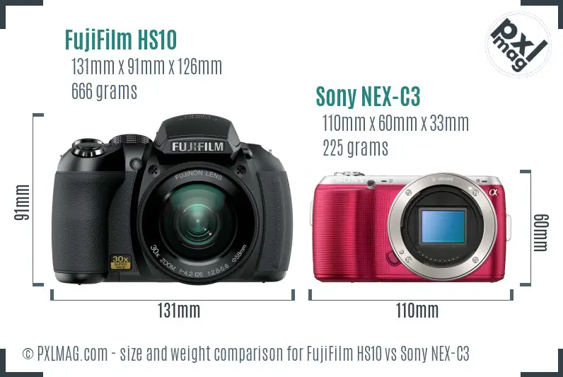 FujiFilm HS10 vs Sony NEX-C3 size comparison