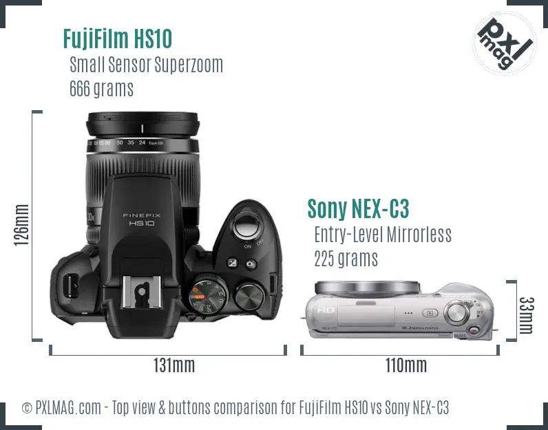 FujiFilm HS10 vs Sony NEX-C3 top view buttons comparison