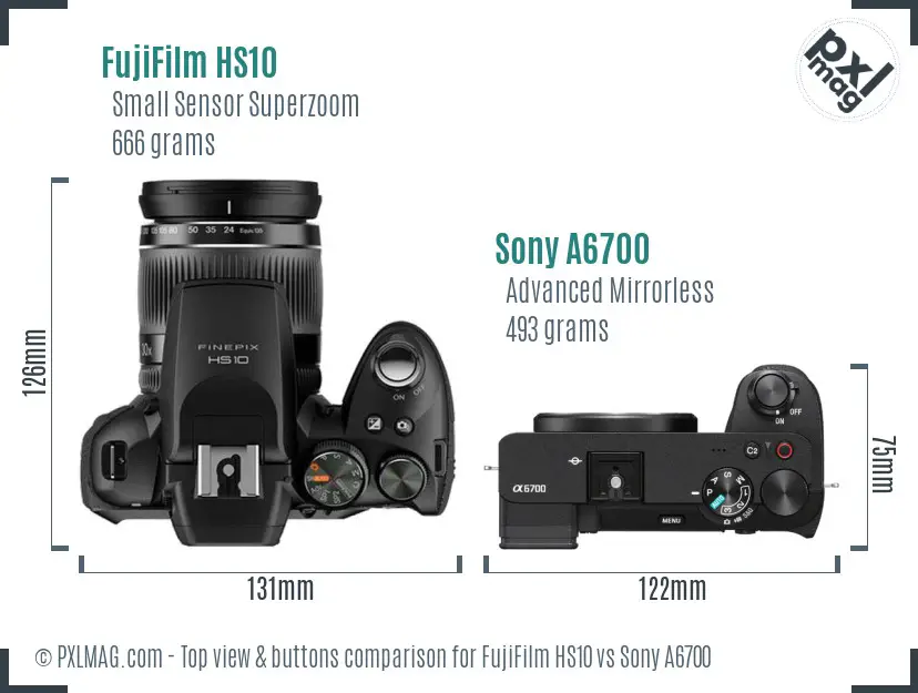 FujiFilm HS10 vs Sony A6700 top view buttons comparison FujiFilm HS10 vs Sony A6700 top view buttons comparison