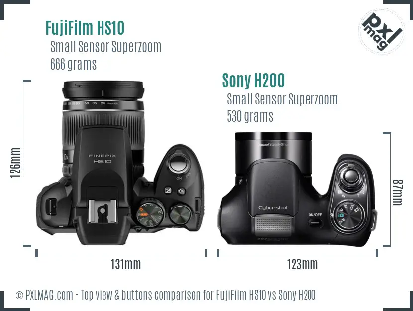 FujiFilm HS10 vs Sony H200 top view buttons comparison