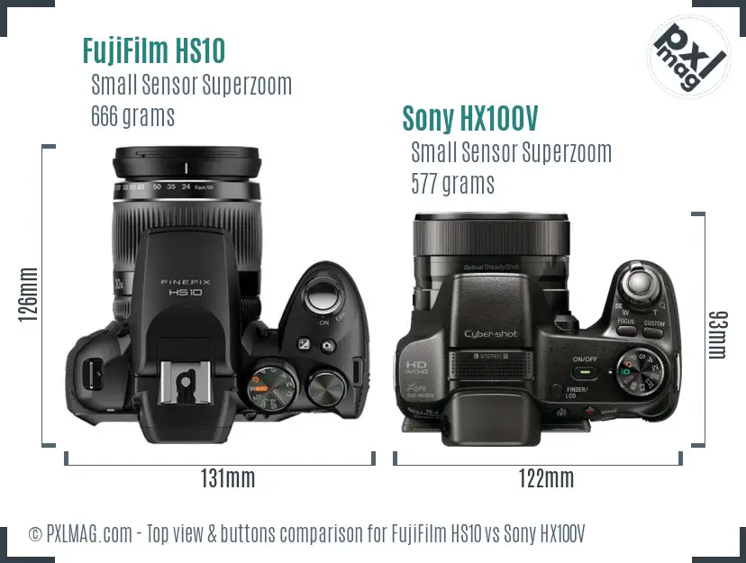 FujiFilm HS10 vs Sony HX100V top view buttons comparison FujiFilm HS10 vs Sony HX100V top view buttons comparison