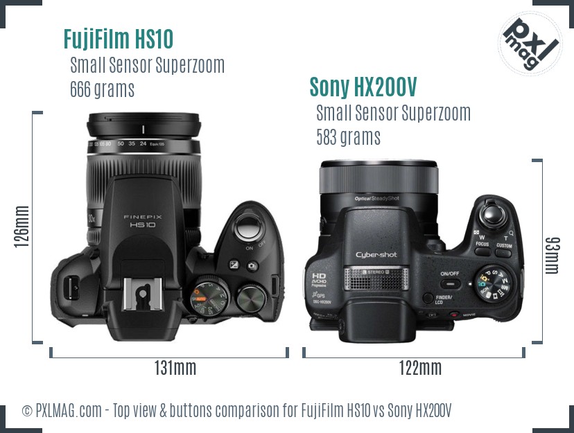 FujiFilm HS10 vs Sony HX200V top view buttons comparison