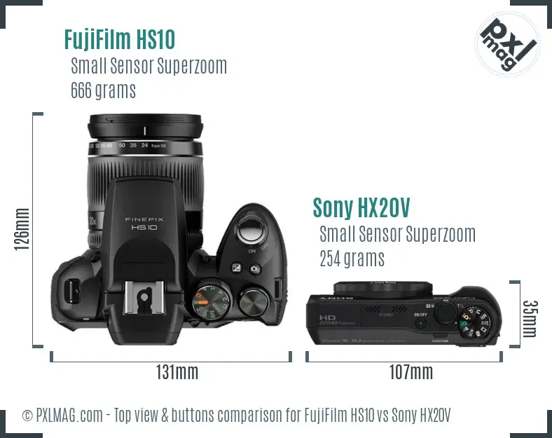 FujiFilm HS10 vs Sony HX20V top view buttons comparison