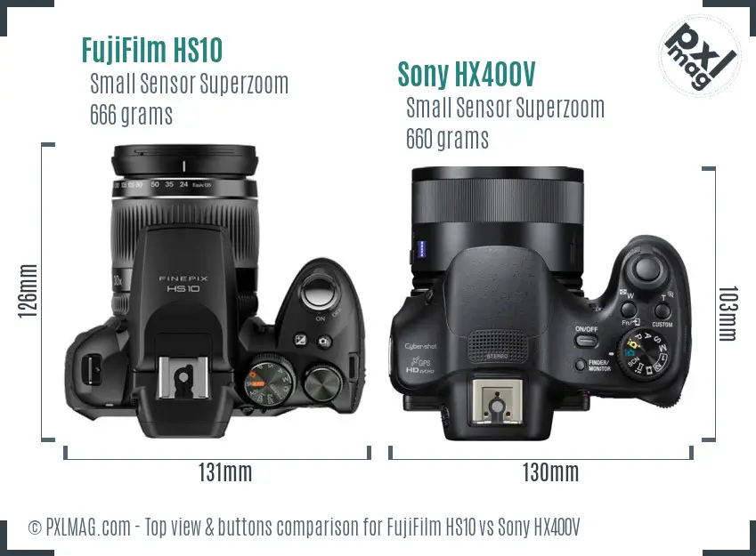 FujiFilm HS10 vs Sony HX400V top view buttons comparison
