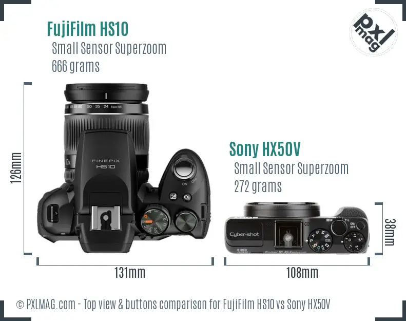 FujiFilm HS10 vs Sony HX50V top view buttons comparison