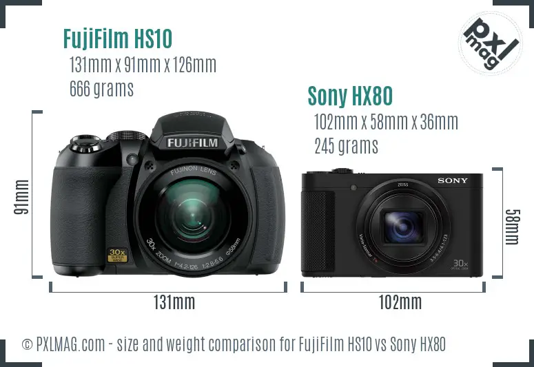 FujiFilm HS10 vs Sony HX80 size comparison